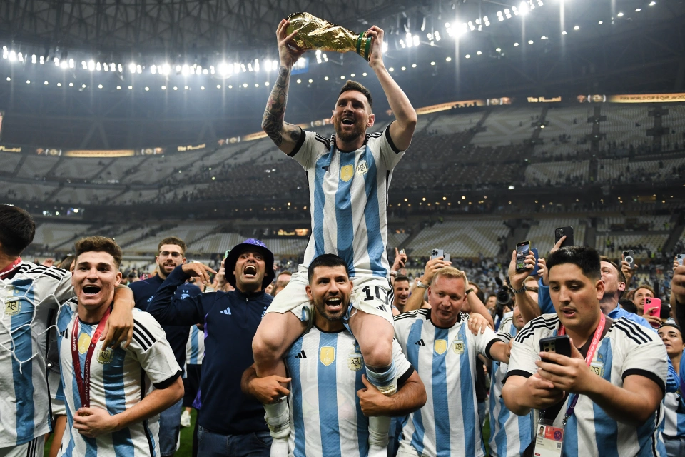 Sergio Aguero lifted Lionel Messi on his shoulders after the matchCredit: Getty