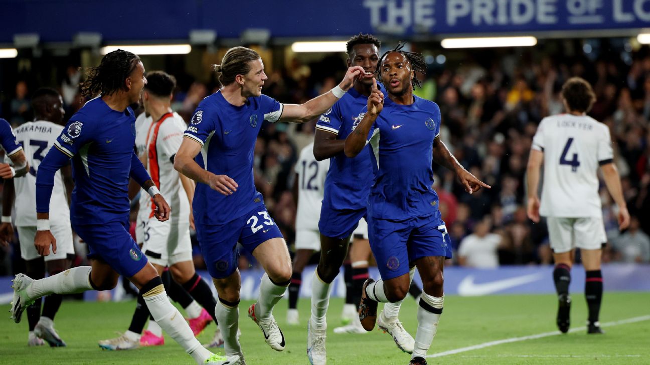 Sterling double, Chelsea, Pochettino era, first win, Luton Town, Premier League, Raheem Sterling, victory, football brilliance.