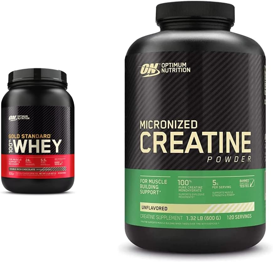 Optimum Nutrition Gold Standard 100% Whey Protein Powder, Double Rich Chocolate 2 Pound & Micronized Creatine Monohydrate Powder, Unflavored, Keto Friendly, 120 Servings